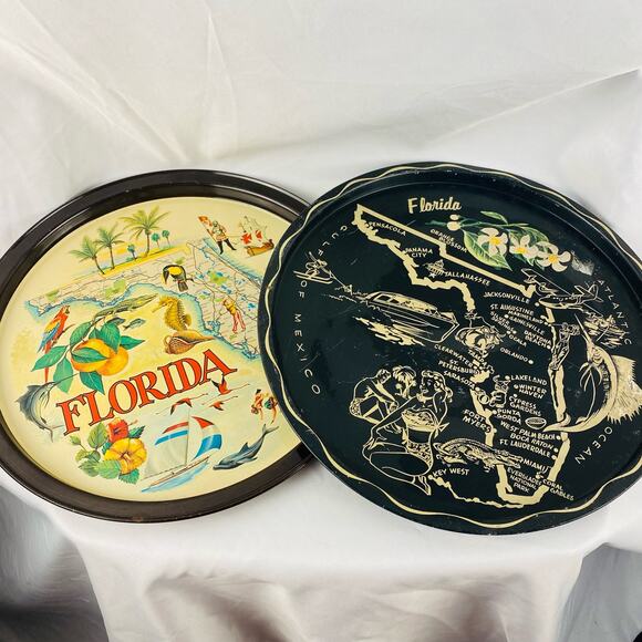 Vintage Florida Round Metal Tin Sourvenir Travel Map Trays Retro Decor 10.5" GUC - Picture 1 of 11